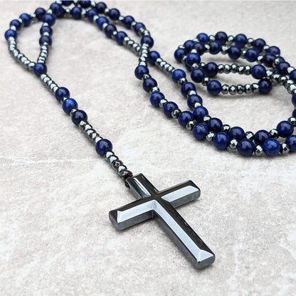 Tijgeroog en Lapis Lazuli Kruis Rozenkrans Halsketting voor Mannen - Orion